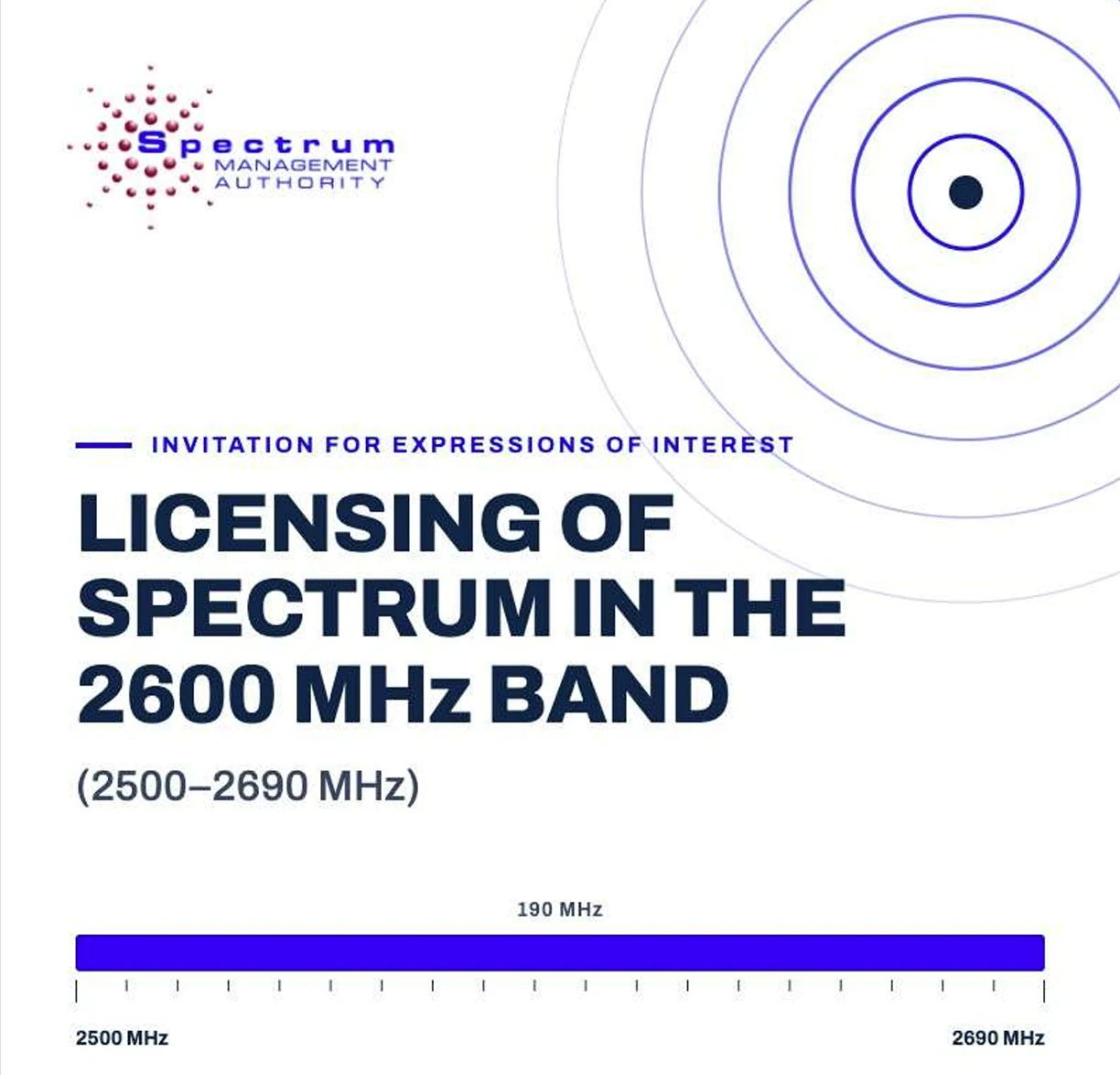 Invitation for Expressions of Interest: Licensing of Spectrum in the 2600 MHz Band (2500 to 2690 MHz). Click to open the document.